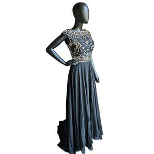 Black Chiffon Boatneck Large Crystal Bodice Full Length Formal Gown